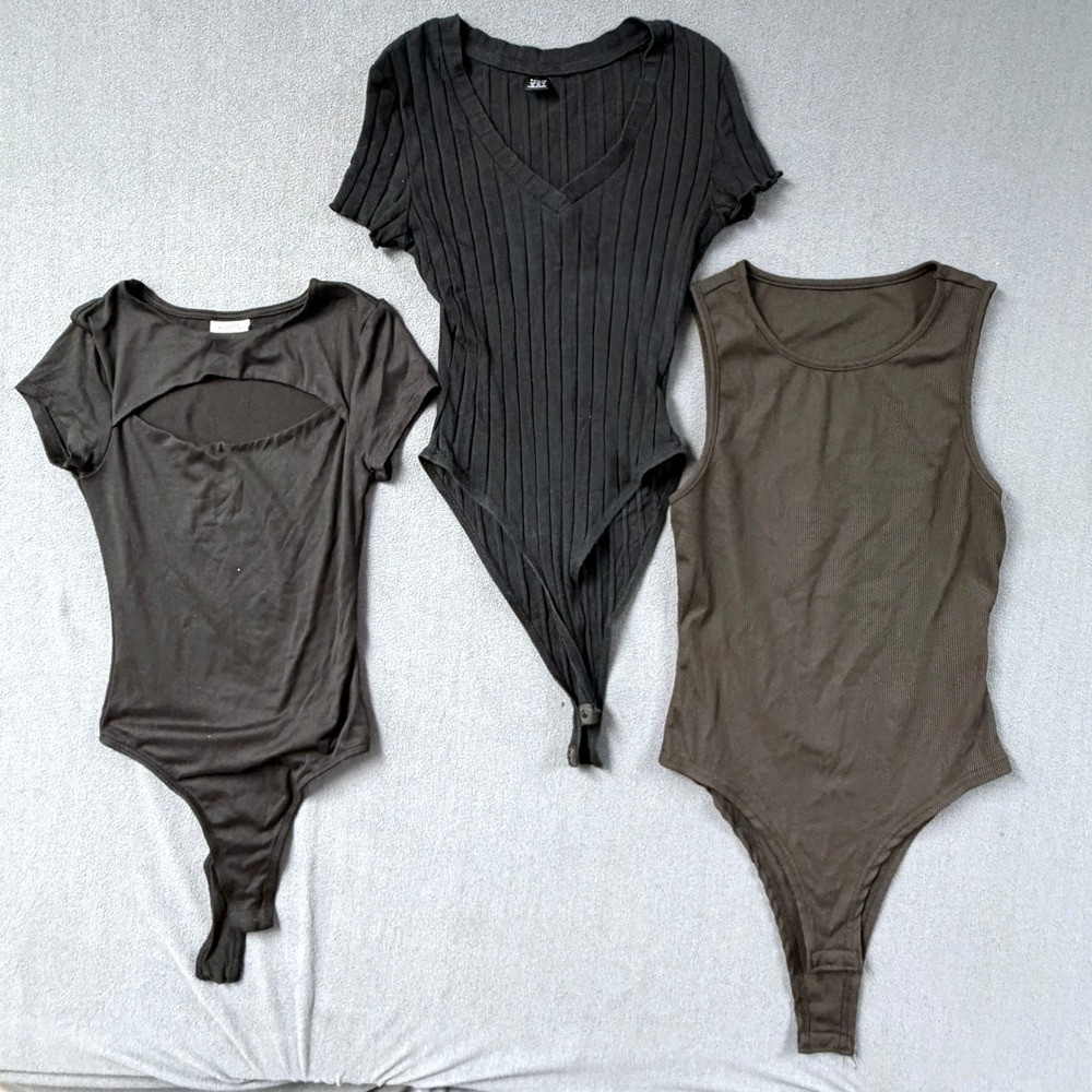 rue21 & SHEIN Black Bodysuit Bundle 3pc XS S Cutout Ribbed Sleeveless V-Neck